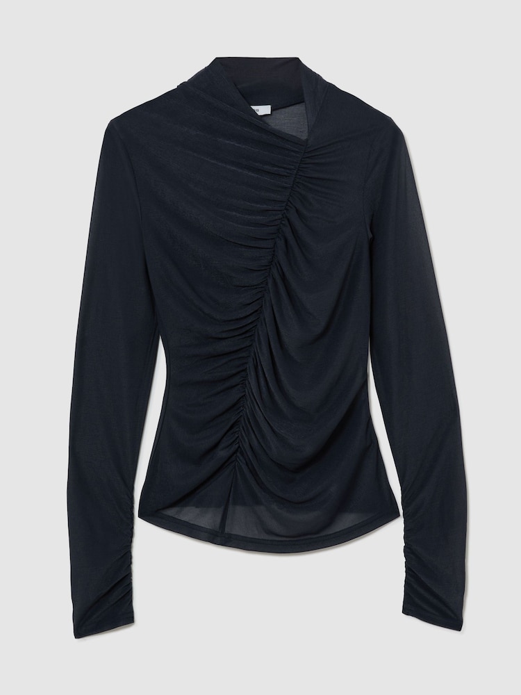 Reiss Navy Robyn Ruched Sheer Long-Sleeve Top - Image 2 of 6
