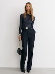 Reiss Navy Robyn Ruched Sheer Long-Sleeve Top - Image 3 of 6