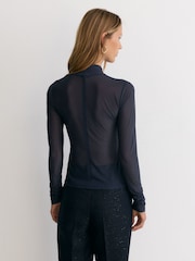 Reiss Navy Robyn Ruched Sheer Long-Sleeve Top - Image 5 of 6