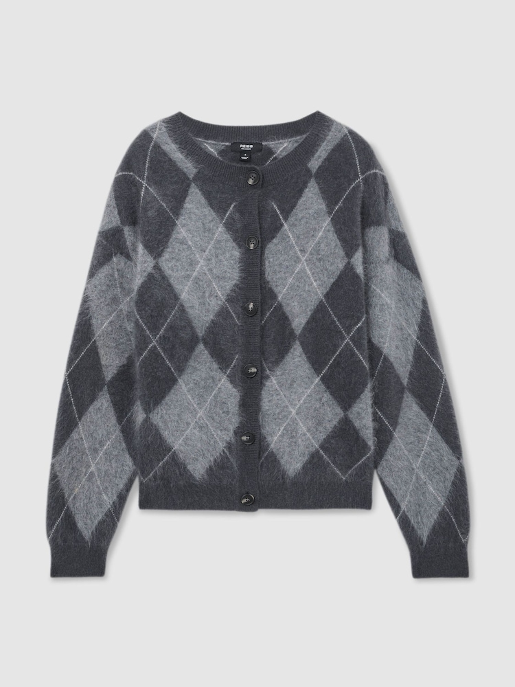 Reiss Mia 100% Brushed Cashmere Argyle Cardigan - Imaginea 2 din 10