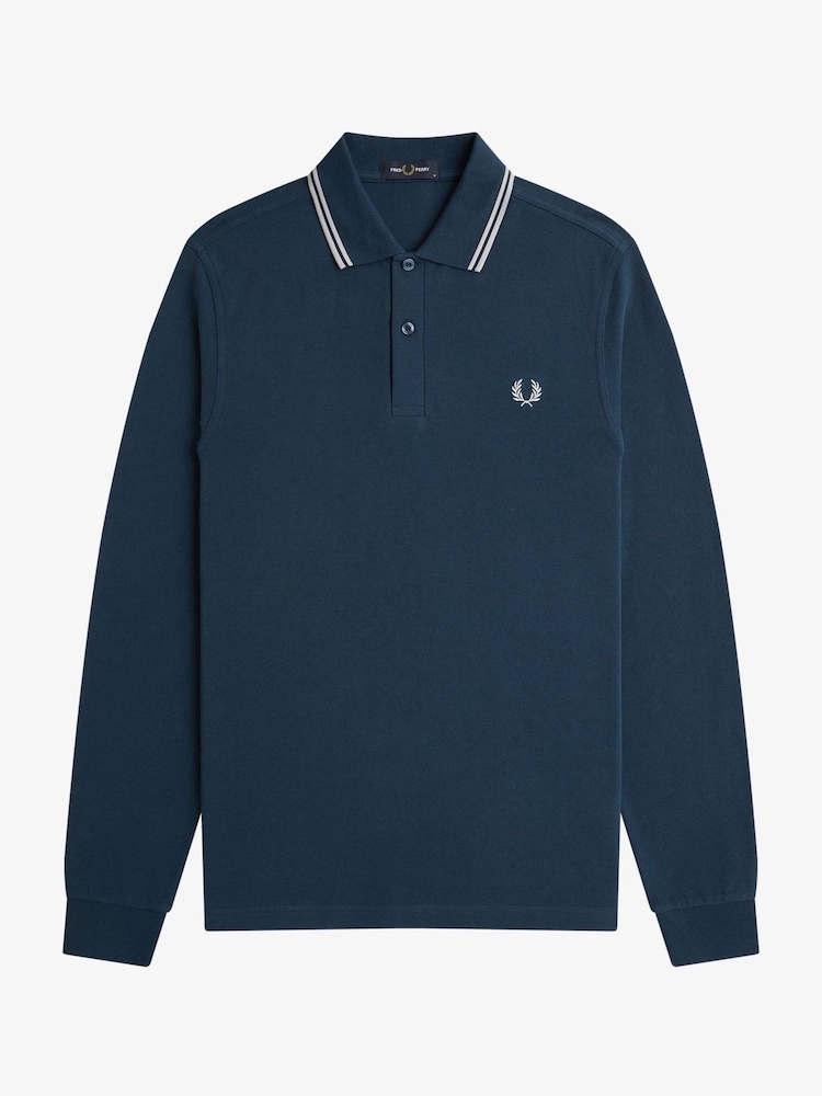 Fred Perry Blue Long Sleeve Twin Tipped Polo Shirt - Image 2 of 3 Fred Perry Blue Long Sleeve Twin Tipped Polo Shirt - Image 2 of 3