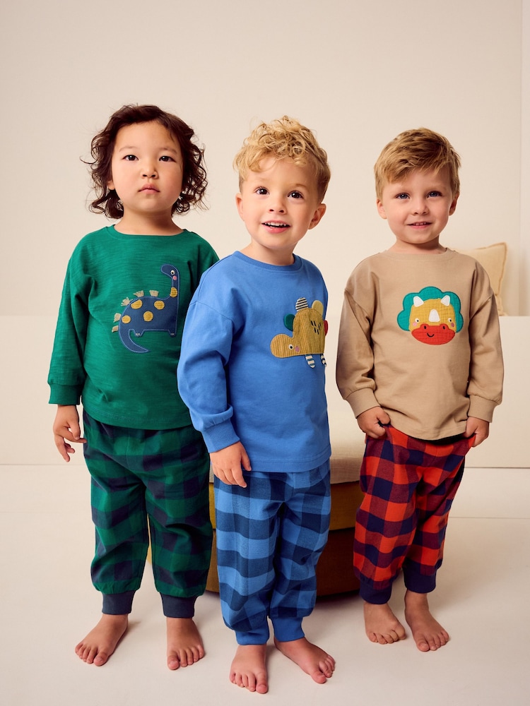 Green/Orange/Blue Dinosaur Check Woven Bottom Pyjamas 3 Pack (9mths-8yrs) - Image 1 of 13
