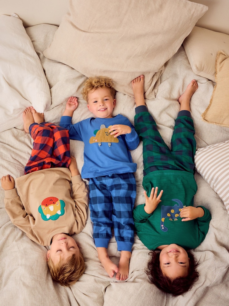 Green/Orange/Blue Dinosaur Check Woven Bottom Pyjamas 3 Pack (9mths-8yrs) - Image 2 of 13