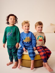 Green/Orange/Blue Dinosaur Check Woven Bottom Pyjamas 3 Pack (9mths-8yrs) - Image 4 of 13