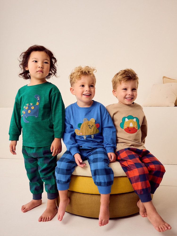 Green/Orange/Blue Dinosaur Check Woven Bottom Pyjamas 3 Pack (9mths-8yrs) - Image 4 of 13