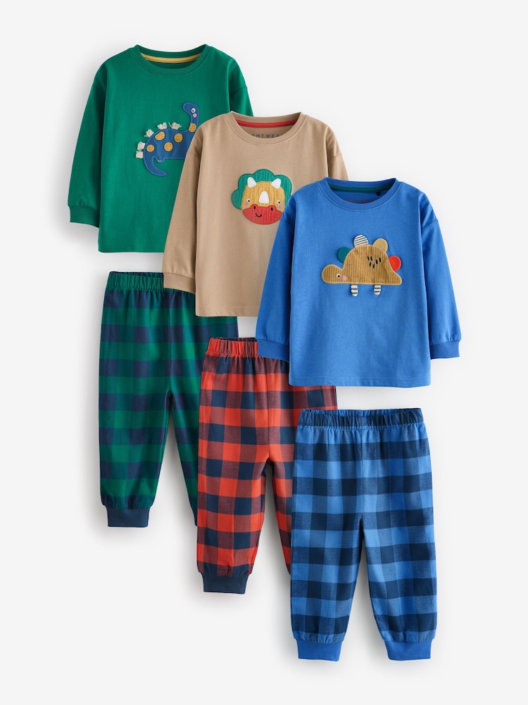 Green/Orange/Blue Dinosaur Check Woven Bottom Pyjamas 3 Pack (9mths-8yrs) - Image 5 of 13