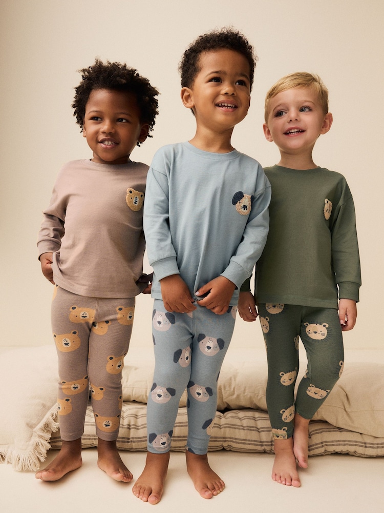 modra/rjava/Khaki zelena Animal - 3 Pack mehek in prijeten na dotik Pižame (9mths-8yrs) - Slika 1 iz 9