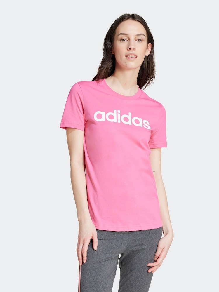 adidas Dark Pink Slim Sportswear Essentials Logo 100% Cotton T-Shirt - Image 1 of 8 adidas Dark Pink Slim Sportswear Essentials Logo 100% Cotton T-Shirt - Image 1 of 8