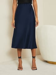 Lipsy Navy Blue Satin Bias Cut Midi Skirt - Image 1 of 4