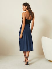 Lipsy Navy Blue Satin Bias Cut Midi Skirt - Image 2 of 4