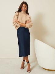 Lipsy Navy Blue Satin Bias Cut Midi Skirt - Image 3 of 4