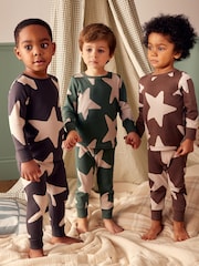 Green/Ecru/Brown Stars 3 Pack Snuggle Pyjamas (9mths-10yrs) - Image 1 of 1