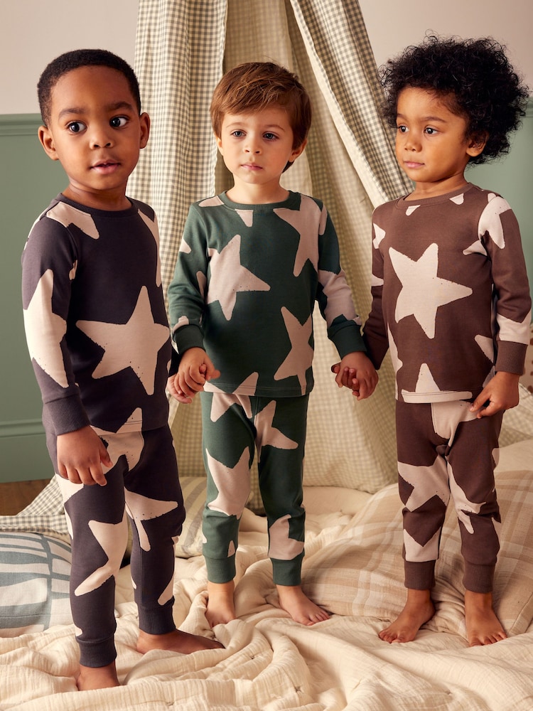 Green/Ecru/Brown Stars 3 Pack Snuggle Pyjamas (9mths-10yrs) - Image 1 of 1