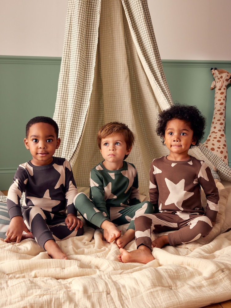 Green/Ecru/Brown Stars 3 Pack Snuggle Pyjamas (9mths-10yrs) - Image 3 of 11