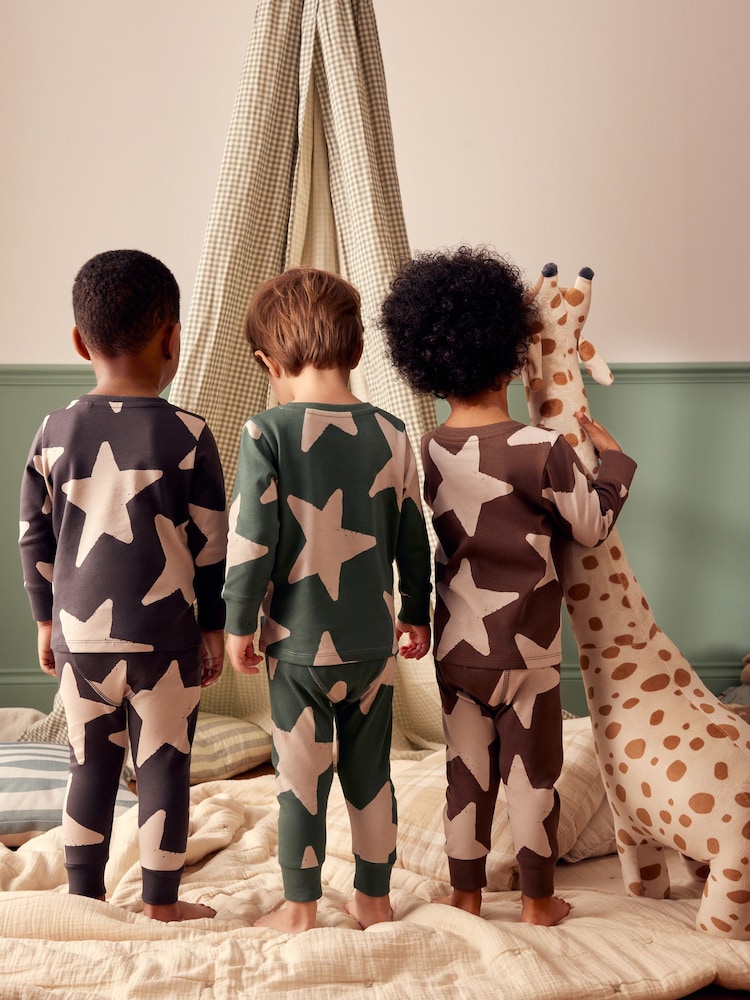 Green/Ecru/Brown Stars 3 Pack Snuggle Pyjamas (9mths-10yrs) - Image 4 of 11