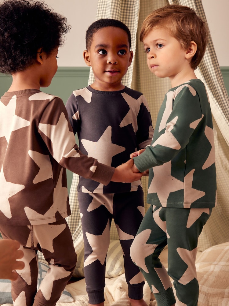 Green/Ecru/Brown Stars 3 Pack Snuggle Pyjamas (9mths-10yrs) - Image 5 of 11
