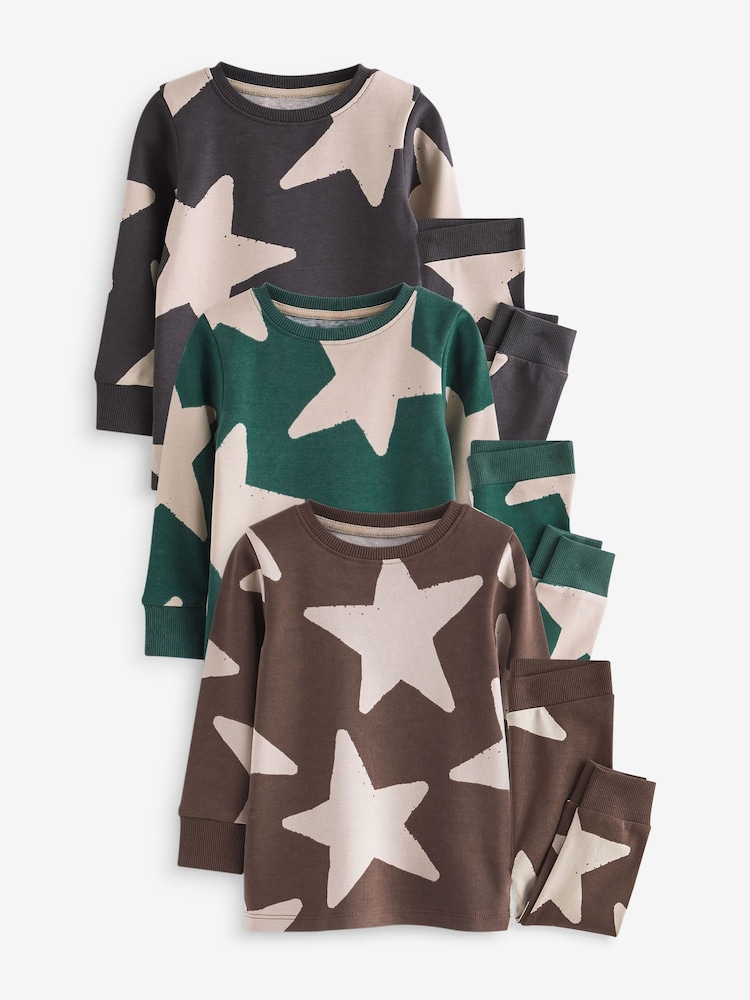 Green/Ecru/Brown Stars 3 Pack Snuggle Pyjamas (9mths-10yrs) - Image 6 of 11