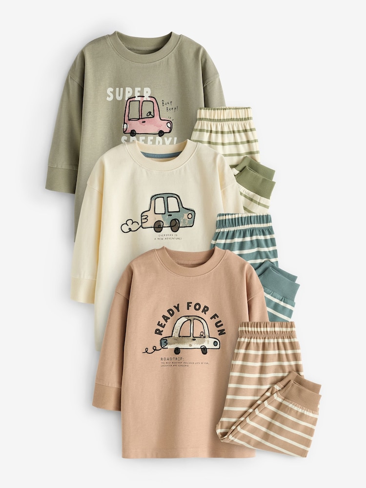 Neutral/Sage Green Transport 3 Pack Oversized Pyjamas (9mths-10yrs) - Image 1 of 6