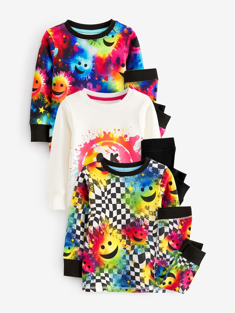 Multi Bright Smile Face Checkerboard 3 Pack Snuggle Pyjamas (9mths-8yrs) - Image 4 of 9