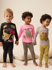 Pink/Green Dinosaur 3 Pack Snuggle 100% Cotton Pyjamas (9mths-8yrs) - Image 1 of 11