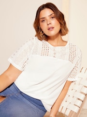 Curves Like These Navy Blue Broderie Mix T-Shirt - Image 4 of 4