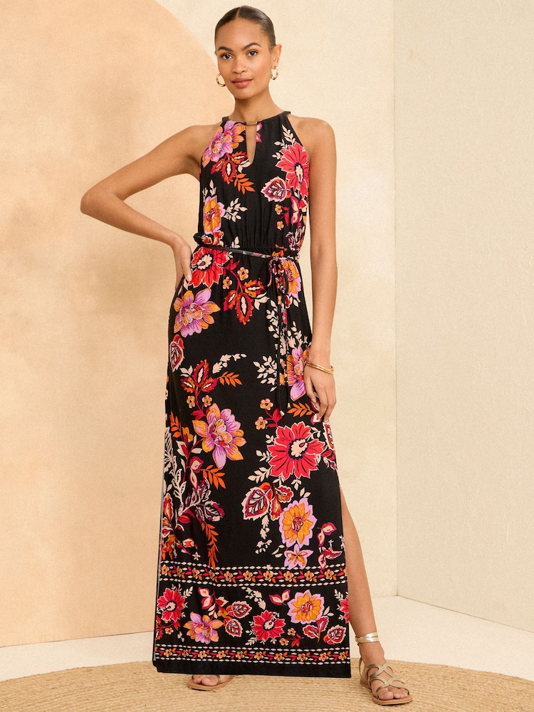 Love & Roses Black Floral Halter Neck Trim Detail Jersey Maxi Dress - Image 1 of 4
