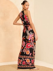 Love & Roses Black Floral Halter Neck Trim Detail Jersey Maxi Dress - Image 3 of 4