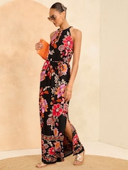 Love & Roses Black Floral Halter Neck Trim Detail Jersey Maxi Dress - Image 4 of 4