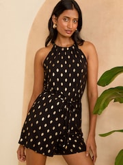 Love & Roses Black Dash Foil Halter Neck Jersey Playsuit - Image 1 of 4