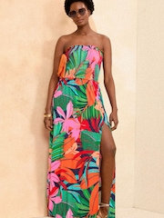 Tropisch - Love & Roses Gesmoktes Bandeau-Maxikleid aus Jersey mit Schlitz - Bild 1 von 4