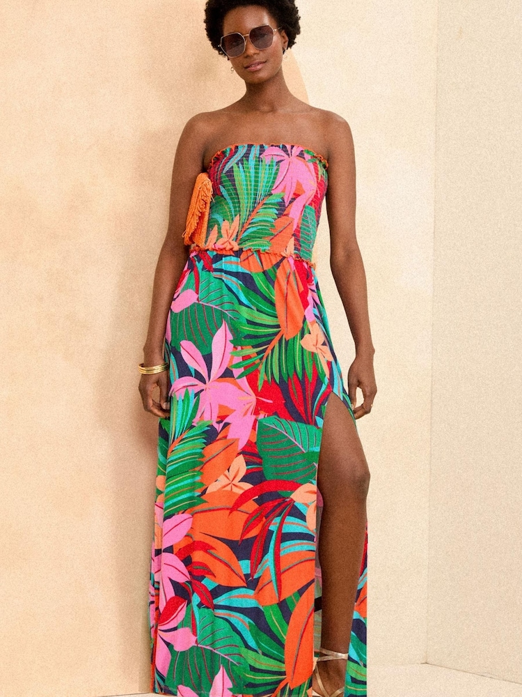 Tropisch - Love & Roses Gesmoktes Bandeau-Maxikleid aus Jersey mit Schlitz - Bild 1 von 4