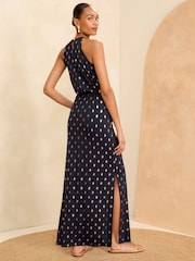 Love & Roses Foil Petite Halter Neck Trim Detail Jersey Maxi Dress - Image 3 of 4