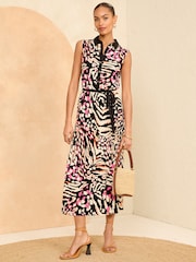 Love & Roses Brown Animal Pleated Jersey Sleeveless Shirt Midi Dress - Image 1 of 4