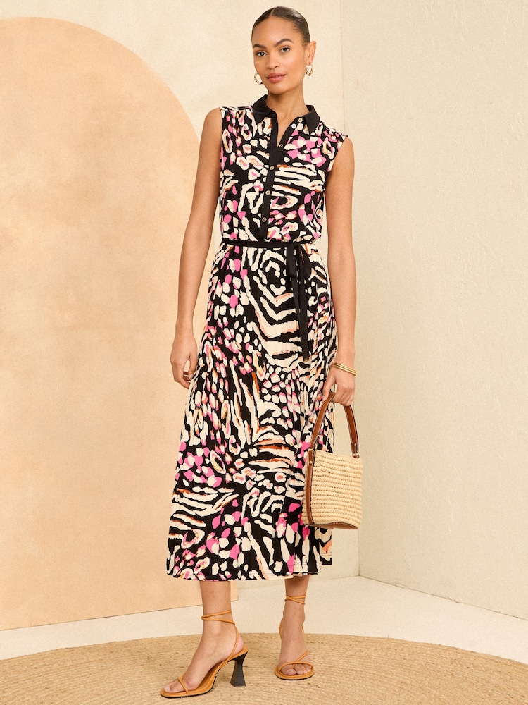 Love & Roses Brown Animal Pleated Jersey Sleeveless Shirt Midi Dress - Image 1 of 4