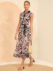 Love & Roses Brown Animal Pleated Jersey Sleeveless Shirt Midi Dress - Image 4 of 4