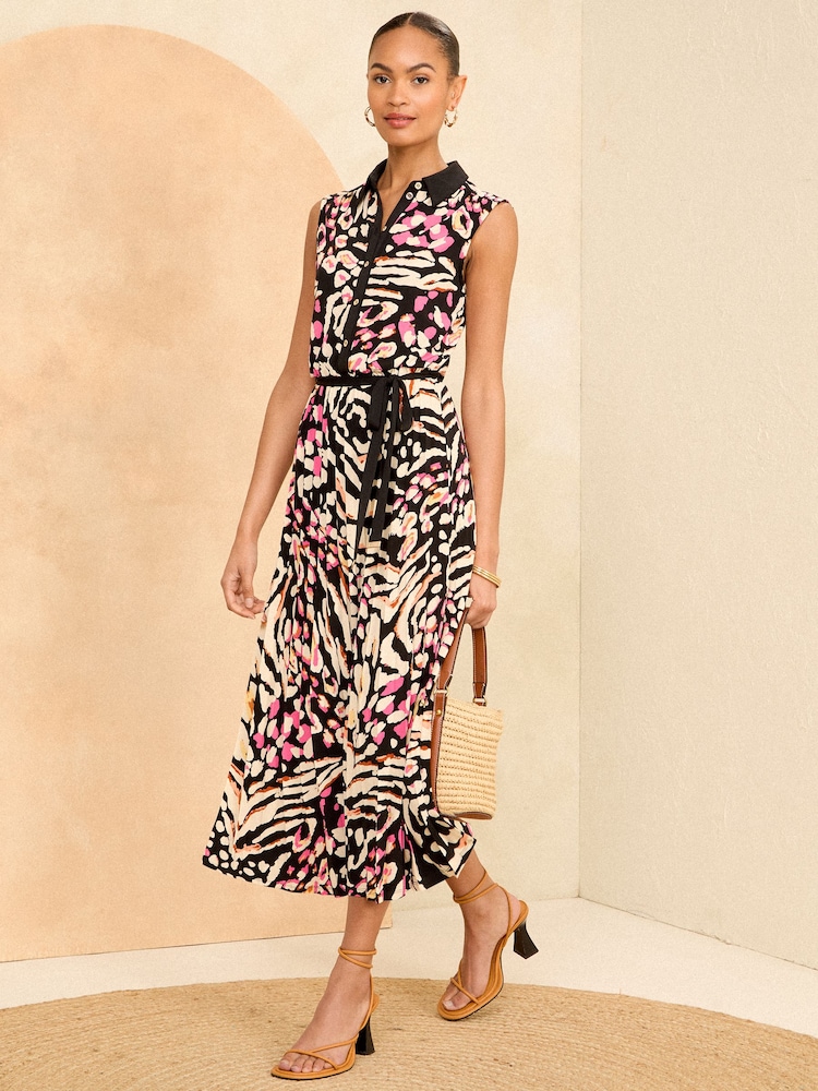 Love & Roses Brown Animal Pleated Jersey Sleeveless Shirt Midi Dress - Image 4 of 4