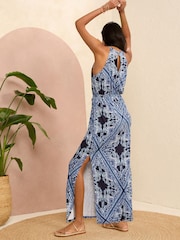 Love & Roses Blue Paisley Halter Neck Trim Detail Jersey Maxi Dress - Image 3 of 4