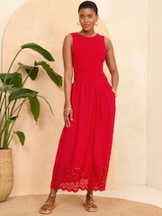 Roșu - Love & Roses Jersey Bumbac Mix Broderie Fusta Midi Rochie - Imaginea 1 din 4
