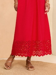 Roșu - Love & Roses Jersey Bumbac Mix Broderie Fusta Midi Rochie - Imaginea 2 din 4