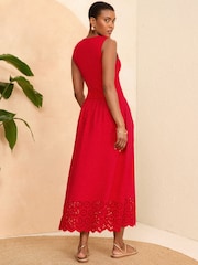 Roșu - Love & Roses Jersey Bumbac Mix Broderie Fusta Midi Rochie - Imaginea 3 din 4
