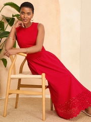 Roșu - Love & Roses Jersey Bumbac Mix Broderie Fusta Midi Rochie - Imaginea 4 din 4