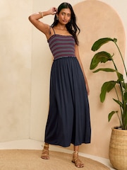 Marineblau-Regenbogen gesmokt - Love & Roses Gesmoktes Bandeau-Maxikleid aus Jersey mit Schlitz - Bild 1 von 4