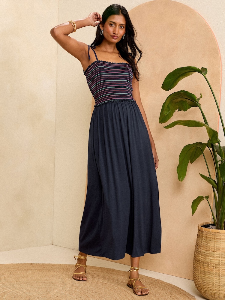 Marineblau-Regenbogen gesmokt - Love & Roses Gesmoktes Bandeau-Maxikleid aus Jersey mit Schlitz - Bild 1 von 4