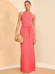 Love & Roses Pink Foil Halter Neck Trim Detail Jersey Maxi Dress - Image 1 of 4