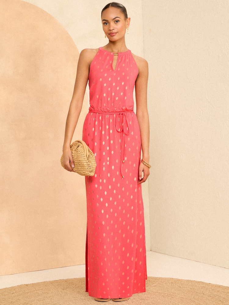 Love & Roses Pink Foil Halter Neck Trim Detail Jersey Maxi Dress - Image 1 of 4