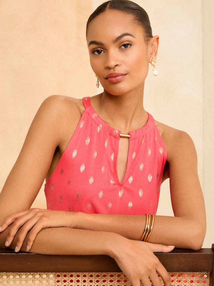 Love & Roses Pink Foil Halter Neck Trim Detail Jersey Maxi Dress - Image 2 of 4 Love & Roses Pink Foil Halter Neck Trim Detail Jersey Maxi Dress - Image 2 of 4