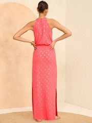 Love & Roses Pink Foil Halter Neck Trim Detail Jersey Maxi Dress - Image 3 of 4