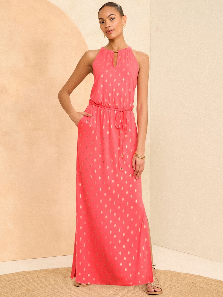 Love & Roses Pink Foil Halter Neck Trim Detail Jersey Maxi Dress - Image 4 of 4 Love & Roses Pink Foil Halter Neck Trim Detail Jersey Maxi Dress - Image 4 of 4