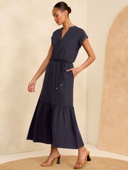 Love & Roses Navy Blue V Neck Jersey T Shirt Midi Dress - Image 1 of 4