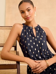 Love & Roses Navy Blue Foil Halter Neck Trim Detail Jersey Maxi Dress - Image 2 of 4